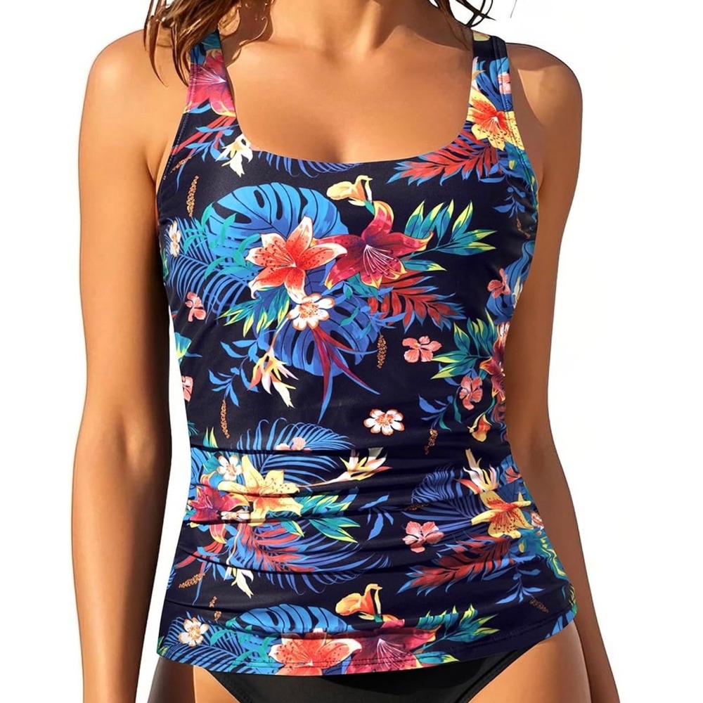 Aqua Eve Womens Tropical Floral Tankini Top Black Ruched Swimsuit